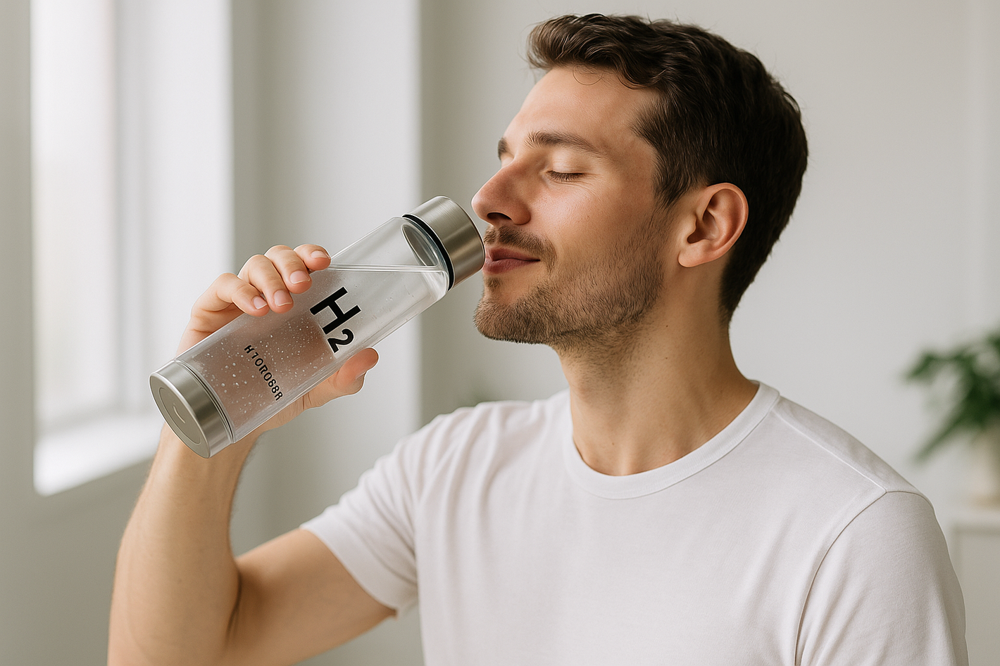 image of someone drinking hydrogen water bottle